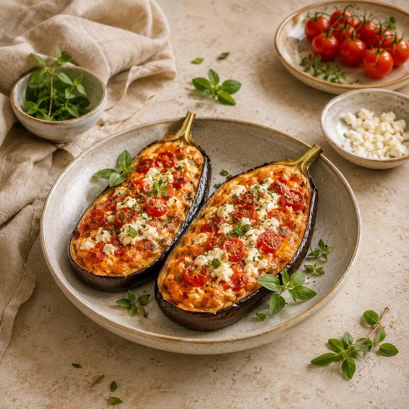 Gef&uuml;llte Auberginen mit Tomaten-Feta-Creme
