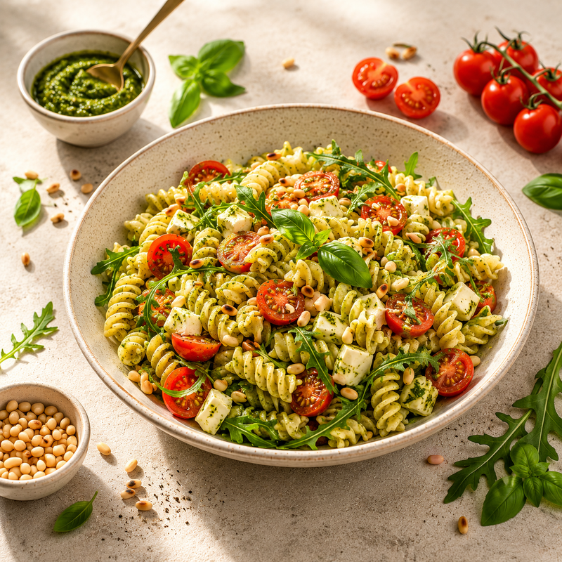 Frischer Nudelsalat mit Pesto & Pinienkernen