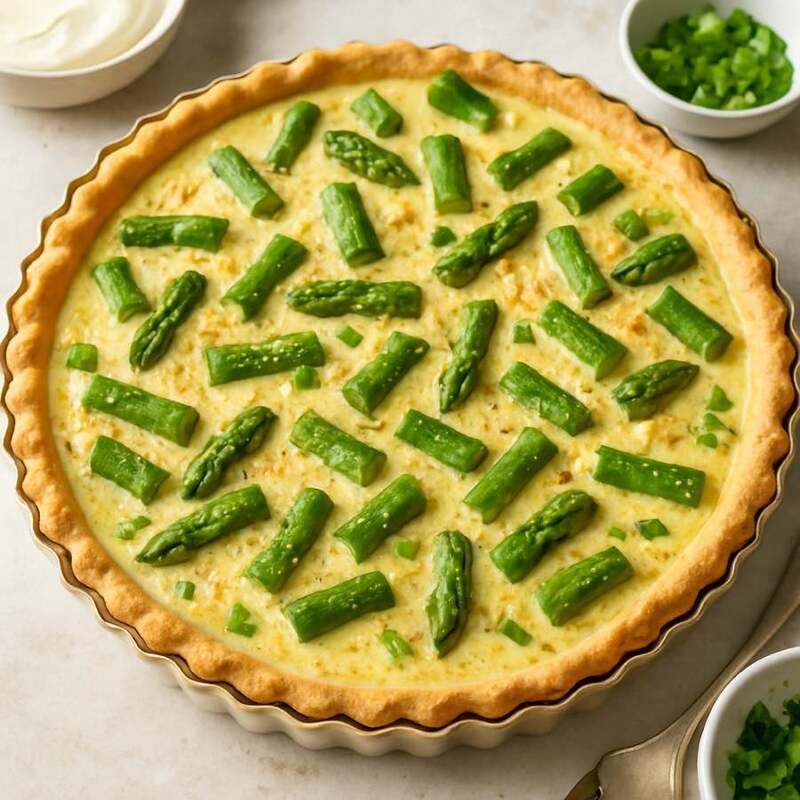 Frühlingshafte Quiche mit grünem Spargel