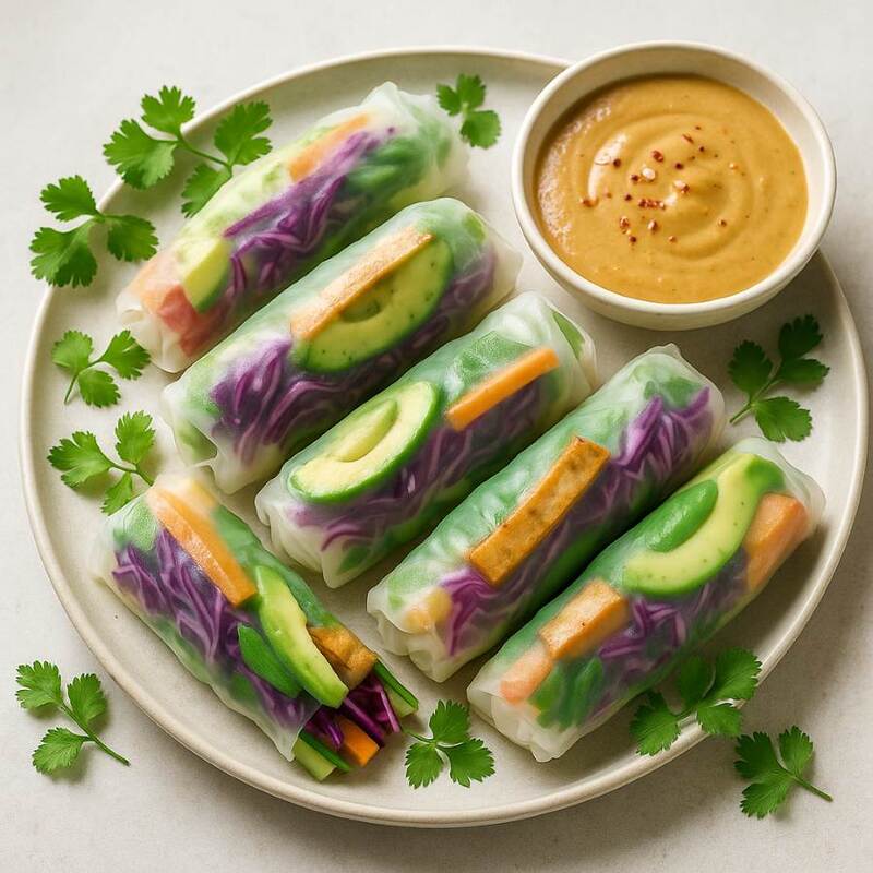 Bunte Frühlingsrollen mit Erdnuss-Dip 