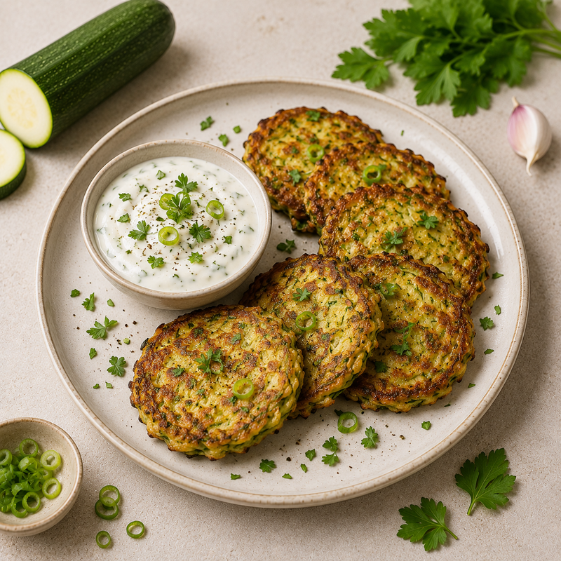 Zucchini-Puffer mit Knoblauch-Dip