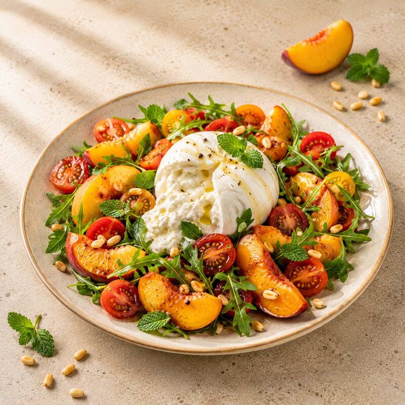 Sommerlicher Burrata-Salat mit Pfirsichen und Minze