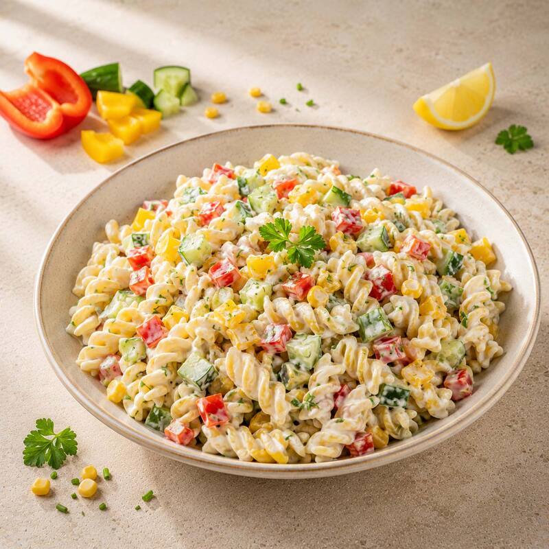 Sommerlicher Nudelsalat mit Joghurt-Dressing