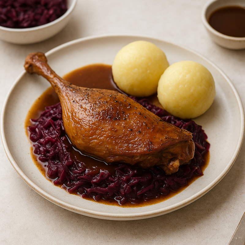 Gebratene Gänsekeule mit Rotkraut