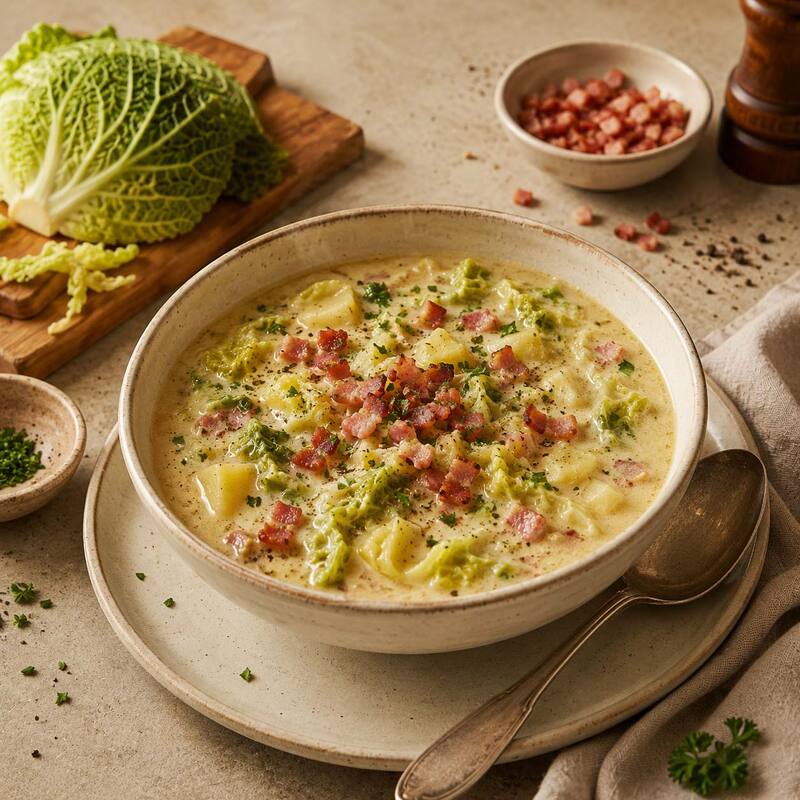 Herzhafte Wirsingsuppe mit Speck