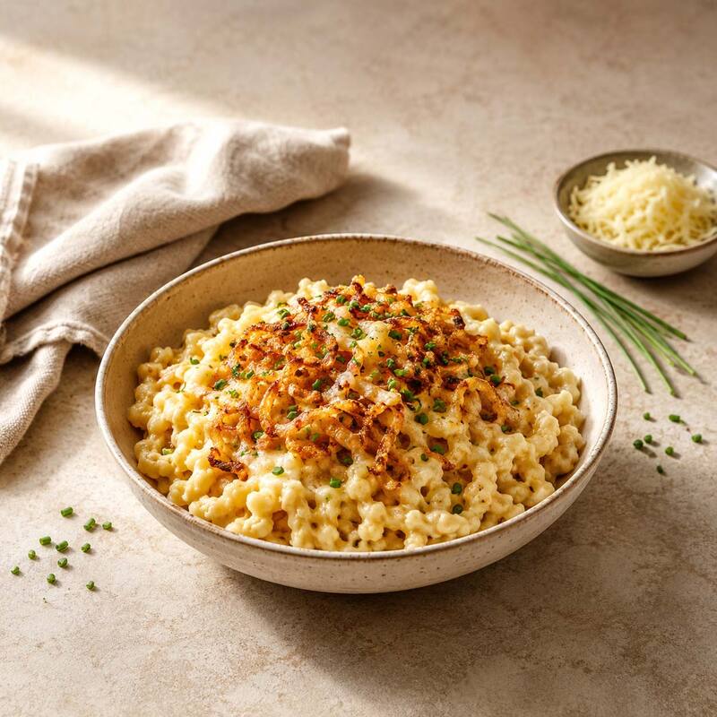 K&auml;sesp&auml;tzle mit R&ouml;stzwiebeln