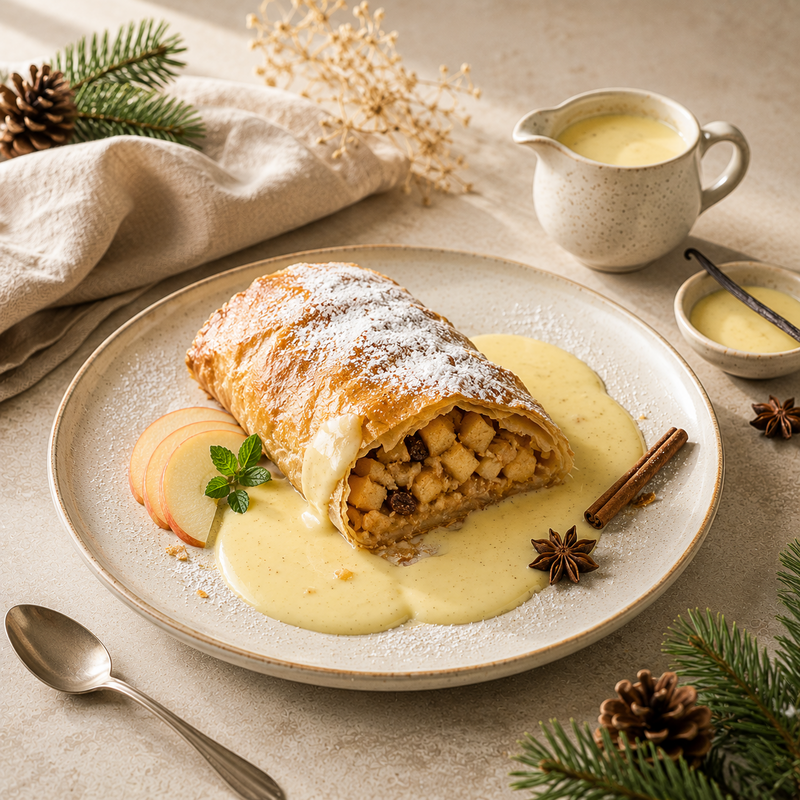 Winterlicher Apfelstrudel mit Vanillesauce