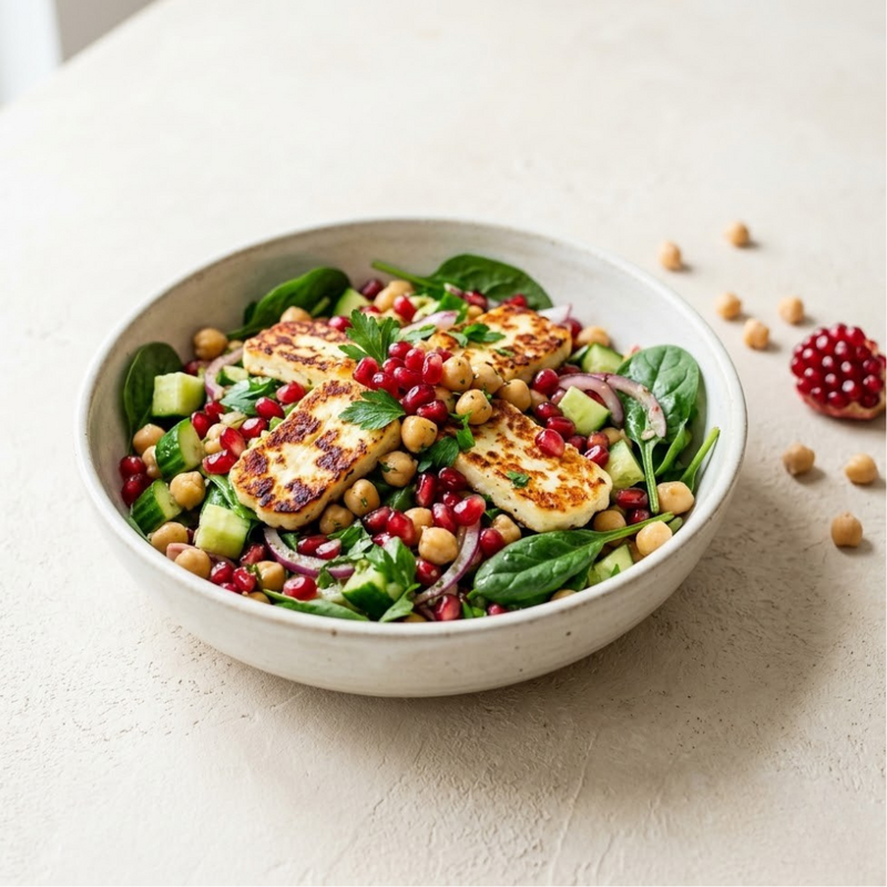Knuspriger Halloumi-Kichererbsen-Salat aus dem Airfryer