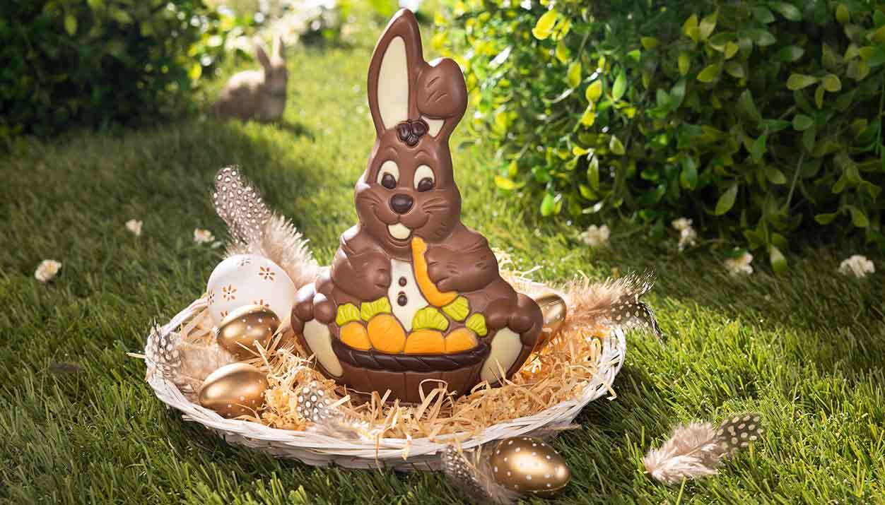 Bunny with carrot basket Chocolate figure made of different chocolates