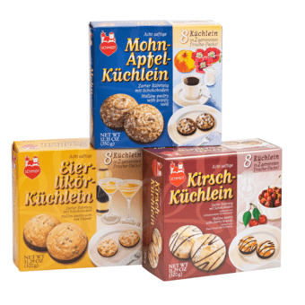 1 Packung Marzipan-Küchlein, 1 Packung Joghurt-Zitronen-Küchlein, 1 Packung Eierlikör-Küchlein