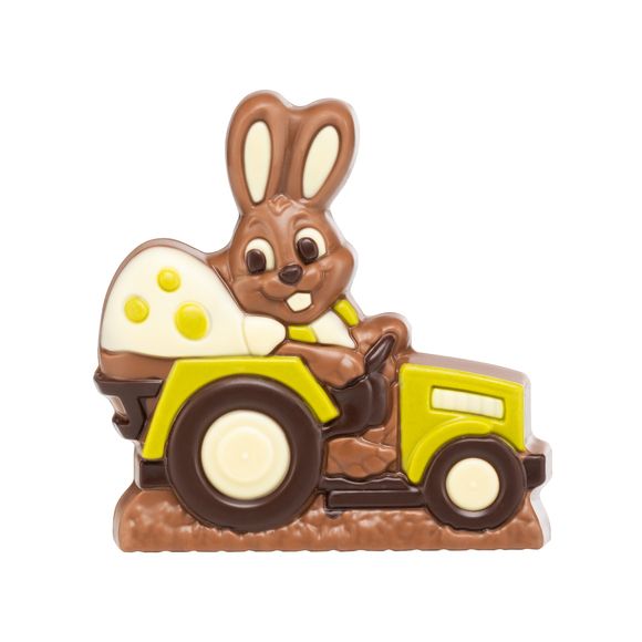 Bunny on tractor Cute Easter figurine made of fine chocolate