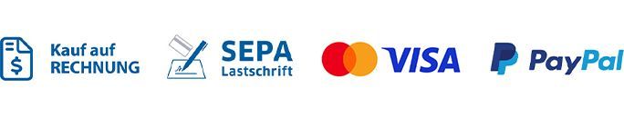 Die Zahlungsmöglichkeiten Kauf auf Rechnung, SEPA Lastschrift, Visa, Mastercard und PayPal angeboten